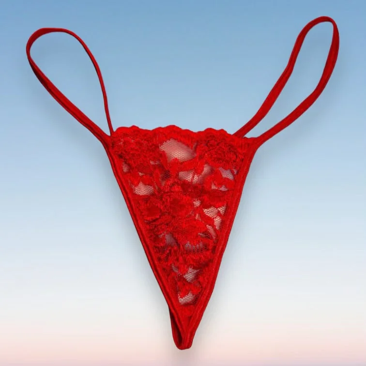 sheer panties for women with a seductive look90's Skimpy Sheer G-String Thong Panty | Scarlet Red Lace