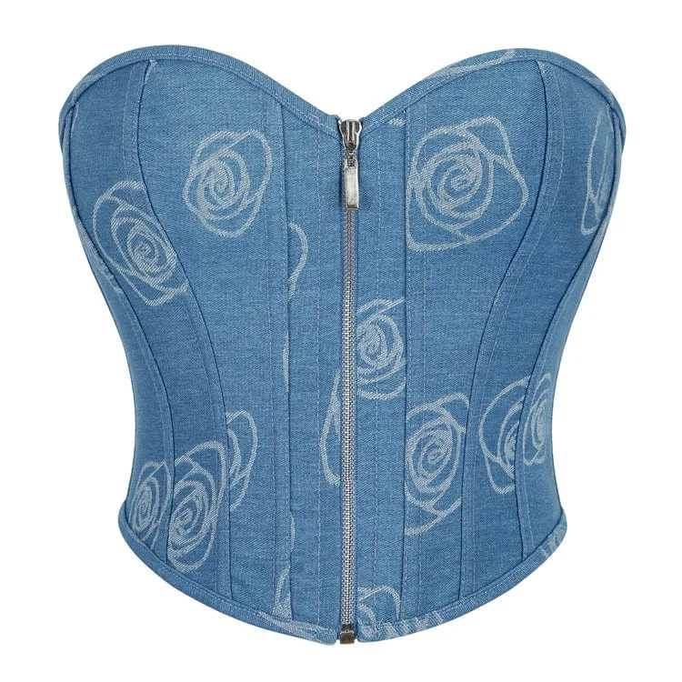 machine made women bustiers and corsetsWomen's Grunge Zipper Rose Denim Overbust Corset