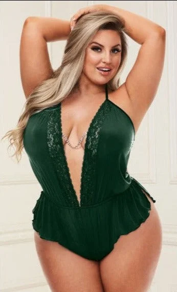 plus size women sexy lingerie setsBaci Lingerie Sexy Satin and Lace Open Crotch Teddy Forest Green Queen Size Crotchless Teddy