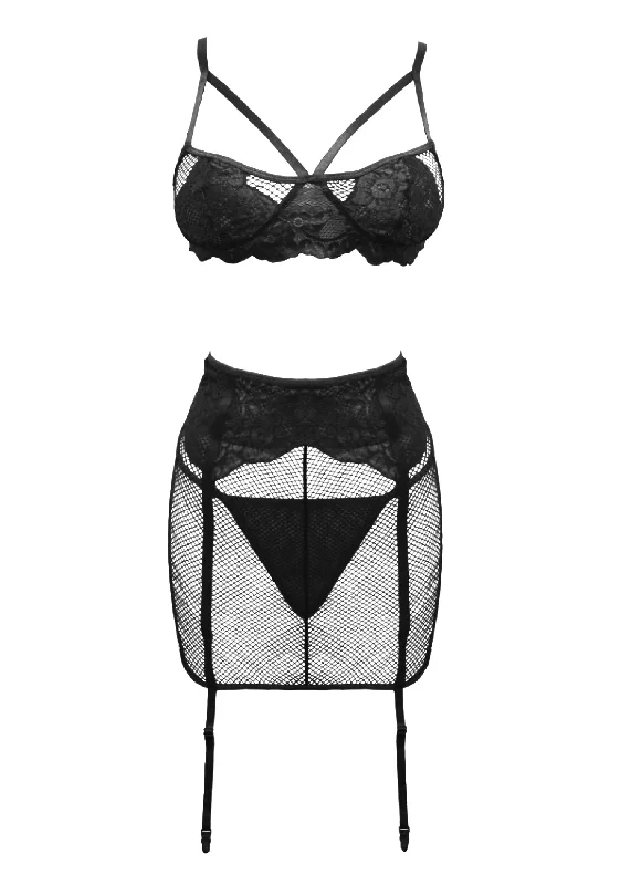 seamless anti - chafing women thongs for friction - free movementKatie (Black) Fishnet Bralette, Thong & Suspender Skirt