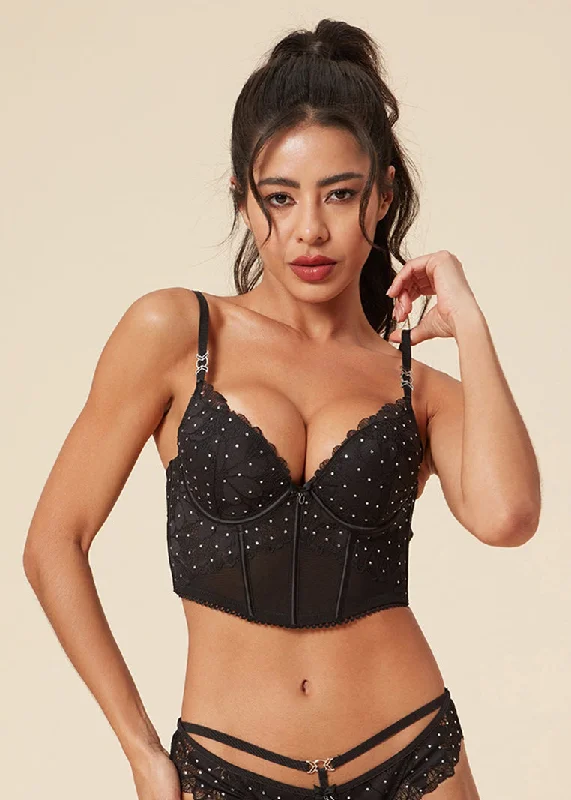 sheer women sexy lingerie layersSHARON Sexy Black Lace Push-Up Corset Long Demi Bra with Rhinestones