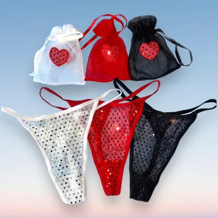 satin panties for women with a luxurious feel3 Pair Sequin Heart Thong Panty Bundle + Matching Cinch Pouches