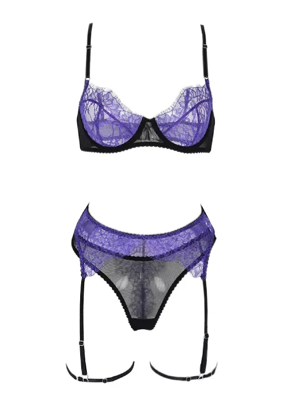 Gemma Bra, Thong and Suspender Set (Purple)