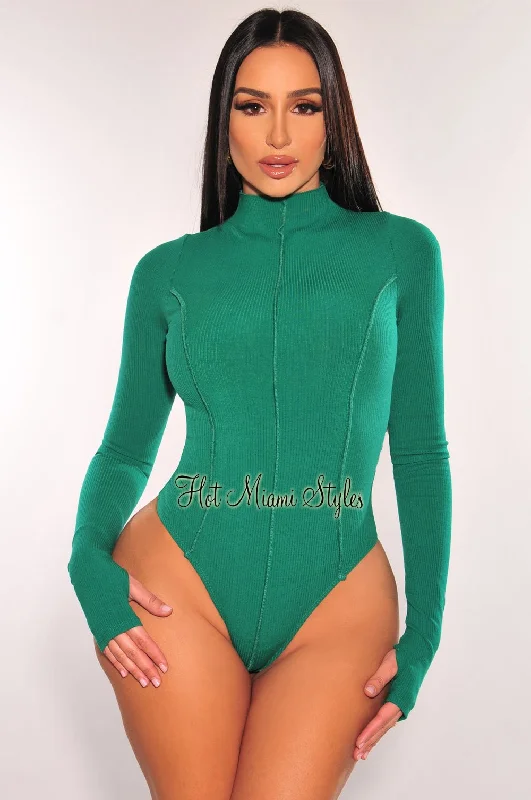 Ruffled Bodysuits with a Playful and Feminine TouchGreen Ribbed Mock Neck Exposed Seams Long Sleeve Thong Bodysuit