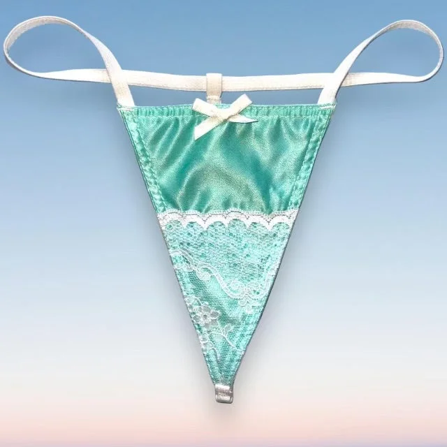 lace thong panties for women for special occasionsWhite Lace Trim Skimpy Shimmer G-String Thong Panty | Seafoam Satin