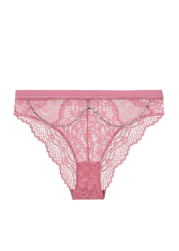 ruffled women sexy lingerie accentsBECKY Plus Sexy Pink Floral Lace Brief Panties with Detachable Diamond Chains