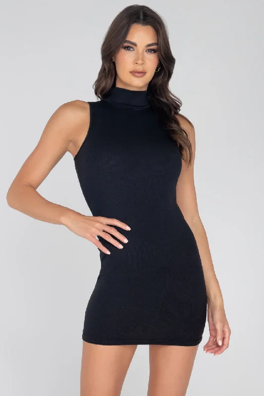 women sexy dresses with lace - up frontsRibbed Turtle Neck Dress