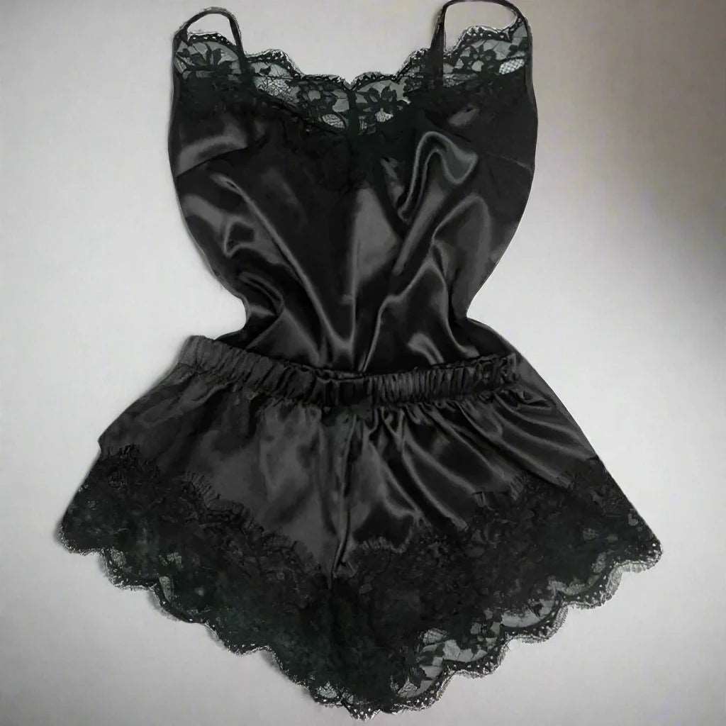 strapless women lingerie for special occasionsBlack Satin Style Women Pajama: Fashion Lace Nightwear