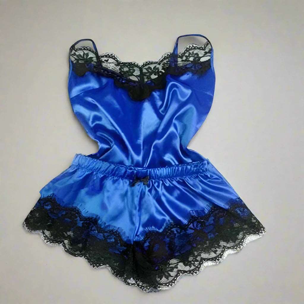 beaded women lingerie for a glamorous lookBlue Satin Style Women Pajama: Silk & Lace Night Wear