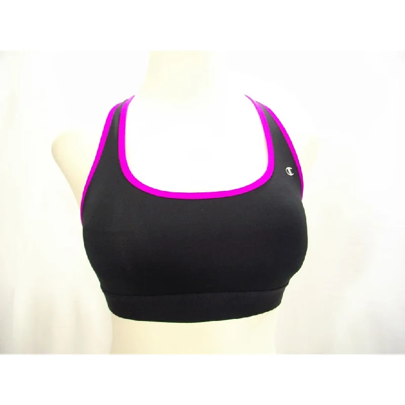 petite women sport bra with proper fitChampion B0791 Compression Racerback Wire Free Sports Bra MEDIUM Black with Purple Trim