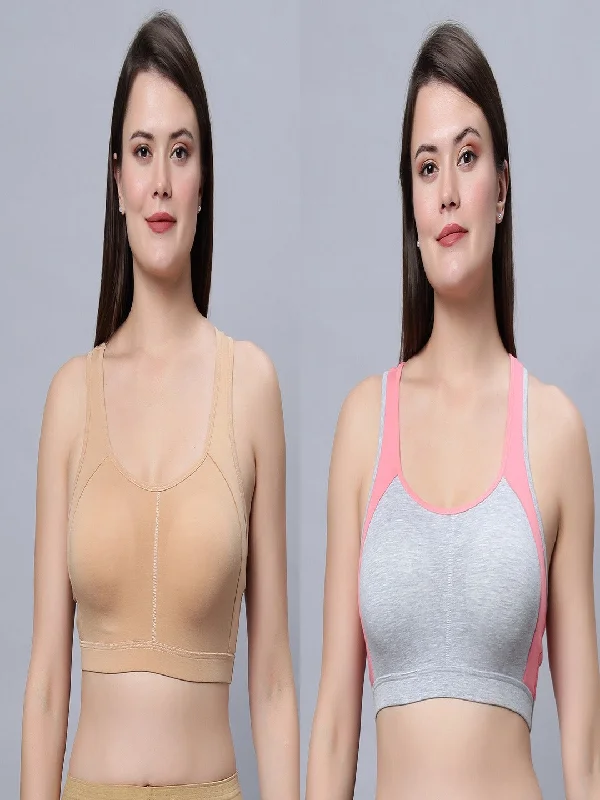 crossback women sport bra for added supportFull coverage removable padding Skin and Greypeach color Sports Bra (Pack of 2)