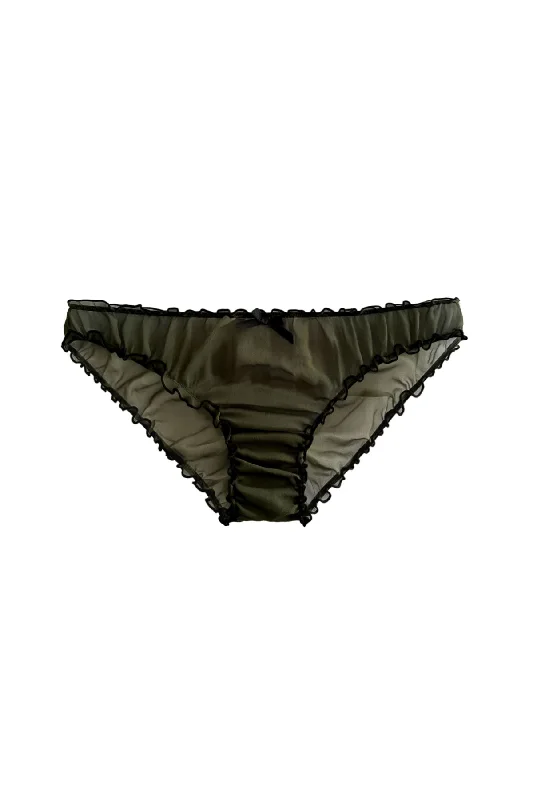 machine washable women bikini briefs for convenienceRuffle knickers in silk chiffon in Olive